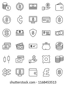 thin line vector icon set - exchange vector, dollar coin, japanese candle, credit card, wallet, cash, investment, stack, check, shield, monitor, any currency, pound, cent sign, money