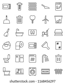 thin line vector icon set - soap vector, scraper, cleaner trolley, broom, scoop, sponge, trash bin, window cleaning, welcome mat, toilet, shining, paper, shower, towel, microwave oven, tooth implant