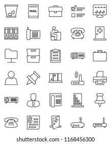 thin line vector icon set - trash bin vector, shining window, student, case, paper pin, archive, exam, manager, binder, phone, receipt, clipboard, classic, thumbtack, diagnostic monitor, router