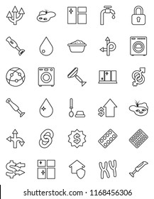 thin line vector icon set - scraper vector, water drop, window cleaning, toilet brush, foam basin, shining, blender, exchange, dollar growth, medal, route, internet, gender sign, pills blister, pond