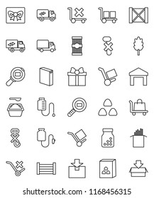 thin line vector icon set - washing powder vector, cereal, pasta, delivery, wood box, cargo, no trolley, hook, warehouse, package, search, pills bottle, drop counter, relocation truck, gift
