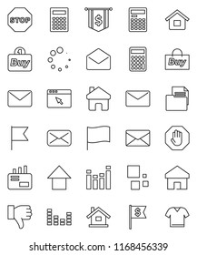 thin line vector icon set - calculator vector, flag, arrow up, dollar, document, equalizer, finger down, mail, browser, home, loading, stop, house, buy, clothes