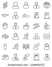 thin line vector icon set - water closet vector, student, manager, man, stairways run, support, client, speaking, doctor, gender sign, eye hat, head bandage, medical room, consumer