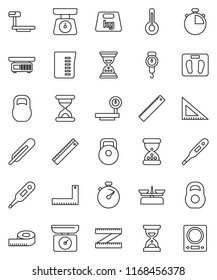thin line vector icon set - measuring cup vector, scales, corner ruler, sand clock, stopwatch, weight, big, thermometer, store, kitchen