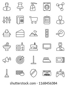 thin line vector icon set - plunger vector, mop, liquid soap, sink, microwave oven, cake, clipboard, molecule, cart, manager, traffic light, client, radio, loudspeaker, settings, monitor, thumbtack