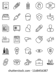 thin line vector icon set - bucket vector, sponge, copybook, pencil, case, manager, safe, newspaper, loudspeaker, remote control, link, rca, jack, eye, bandage, stop, disconnection, pool, smart home
