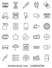 thin line vector icon set - liquid soap vector, plates, potato, magnet, cash, sand clock, pills, umbrella, tulip, cinema clap, antenna, mobile phone, speaker, rca, hdmi, thermometer, dropper, patch