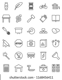 thin line vector icon set - scraper vector, vacuum cleaner, rubber glove, skimmer, rolling pin, meat hammer, cereal, pasta, potato, book, pen, alarm clock, calculator, presentation board, hierarchy