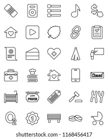 thin line vector icon set - towel vector, cookbook, cake, blackboard, certificate, music, leaf, dollar cursor, medal, oxygen, barcode, mobile phone, link, speaker, play button, doctor bag, patch