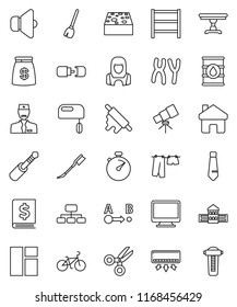 thin line vector icon set - broom vector, sponge, car fetlock, drying clothes, cleaner woman, rolling pin, school building, telescope, scissors, annual report, tie, hierarchy, stopwatch, bike, route