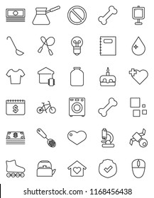 thin line vector icon set - water drop vector, kettle, skimmer, ladle, turk coffee, jar, cake, copybook, presentation, cash, dollar calendar, bike, jump rope, t shirt, roller Skates, heart cross
