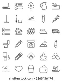 thin line vector icon set - mop vector, bucket, toilet, brush, plates, jug, pencil, school bus, graph, tie, pills, flammable, heart, syringe, loading, house, pool, fruit tree, mountain, wallet, menu