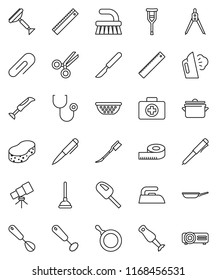 thin line vector icon set - plunger vector, scraper, fetlock, sponge, car, iron, steaming, pan, colander, whisk, blender, ruler, drawing compass, pen, telescope, measuring, first aid kit, crutches