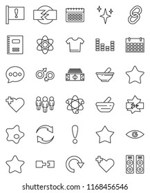 thin line vector icon set - shining vector, splotch, copybook, atom, man, stadium, calendar, heart cross, attention, equalizer, link, favorites, eye, gender sign, mortar, disconnection, message