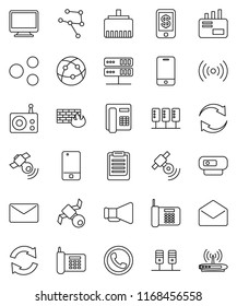 thin line vector icon set - clipboard vector, satellite, phone, radio, satellitie, loudspeaker, internet, mobile, mail, network, server, firewall, lan connector, share, refresh, wireless, tap pay