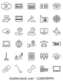 thin line vector icon set - mop vector, house hold, water tap, ladle, notebook pc, clipboard, investment, receipt, man, target, heart monitor, calendar, bone, route, hospital building, lock, garage