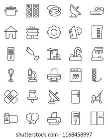 thin line vector icon set - cleaner trolley vector, steaming, water tap, pan, measuring cup, whisk, table lamp, punching bag, boxing glove, hoop, satellite antenna, thumbtack, patch, microscope