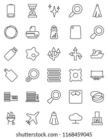 thin line vector icon set - towel vector, shining, splotch, cutting board, hand mill, bbq, school building, magnifier, sand clock, any currency, scales, hoop, route, plane, ship, truck trailer, usb