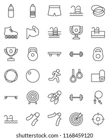 thin line vector icon set - award cup vector, barbell, weight, jump rope, hand trainer, fitball, muscule, shorts, roller Skates, skateboard, target, water bottle, fitness mat, shuttlecock, pool, run