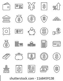 thin line vector icon set - school building vector, bank, dollar coin, gold ingot, wallet, percent growth, money bag, piggy, investment, check, receipt, medal, monitor, any currency, yen sign