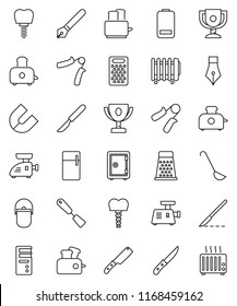 thin line vector icon set - camping cauldron vector, spatula, ladle, knife, grater, toaster, pen, award cup, magnet, safe, hand trainer, battery, scalpel, tooth implant, fridge, meat grinder, heater