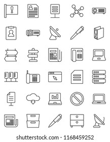 thin line vector icon set - pen vector, notebook pc, document, archive, laptop graph, binder, personal information, prohibition sign, signpost, attention, satellite antenna, newspaper, network
