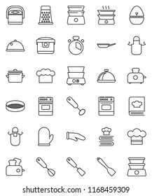 thin line vector icon set - pan vector, cook hat, apron, glove, timer, whisk, spatula, grater, oven, double boiler, cookbook, sieve, dish, multi cooker, toaster