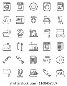thin line vector icon set - washer vector, washing powder, mixer, double boiler, blender, tomography, gear, construction crane, card reader, dishwasher, coffee maker, meat grinder, sewing machine