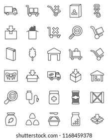 thin line vector icon set - washing powder vector, cereal, pasta, delivery, wood box, cargo, no trolley, hook, warehouse, package, search, pills bottle, drop counter, relocation truck, gift