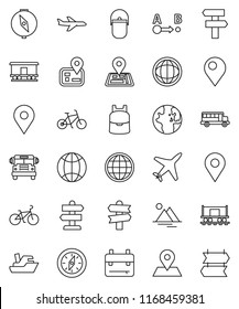thin line vector icon set - camping cauldron vector, backpack, compass, school bus, world, bike, signpost, navigator, map pin, Railway carriage, plane, ship, route, globe, mountain