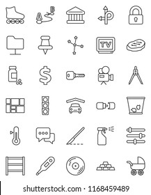thin line vector icon set - trash bin vector, sprayer, thermometer, steak, drawing compass, constellation, bank, dollar sign, gold ingot, pills vial, roller Skates, route, traffic light, shelving