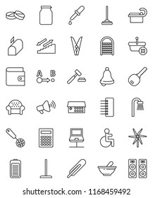 thin line vector icon set - mop vector, clothespin, washboard, skimmer, jar, bell, calculator, wallet, auction, stairways run, route, loudspeaker, battery, disabled, thermometer, dropper, pills, hub