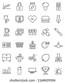 thin line vector icon set - sponge vector, cleaning agent, sink, spatula, cereal, mushroom, pen, award cup, archive, leaf, graph, bank building, receipt, monitor dollar, heart pulse, satellite, lock