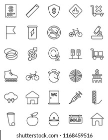 thin line vector icon set - trash bin vector, water closet, cook timer, ruler, microscope, flag, bank building, dollar shield, diet, bike, roller Skates, target, enegry drink, no smoking, hoop, home