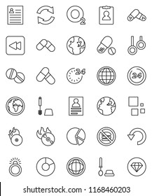 thin line vector icon set - toilet brush vector, world, personal information, pie graph, pills, no fastfood, gymnast rings, oxygen, earth, music hit, backward button, refresh, undo, loading, globe