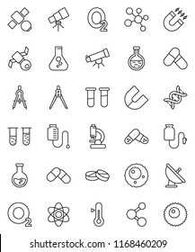 thin line vector icon set - thermometer vector, drawing compass, atom, telescope, magnet, flask, pills, molecule, oxygen, satellite, antenna, vial, dna, microscope, drop counter, ovule