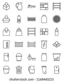 thin line vector icon set - bucket vector, trash bin, measuring cup, jug, sieve, jar, enegry drink, water bottle, sea container, port, wood box, consolidated cargo, package, shelving, shopping bag