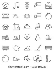 thin line vector icon set - rake vector, welcome mat, dish, blackboard, bell, music, fitball, pool, traffic light, ship, truck trailer, film frame, satellitie, link, group, heart cross, bench, barn