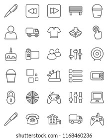 thin line vector icon set - bucket vector, cake, pen, notebook pc, target, gamepad, settings, touchscreen, group, forward button, backward, menu, bench, loading, lock, user, cottage, phone, cashbox