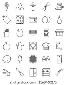 thin line vector icon set - plates vector, oil, scales, cook hat, apron, press, spatula, cutting board, oven, spices, sieve, cereal, egg, pasta, potato, diet, pills vial, broken bone, fridge, market