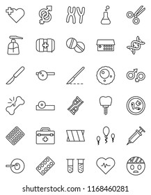 thin line vector icon set - liquid soap vector, heart pulse, cross, first aid kit, doctor bag, flask, vial, gender sign, dna, insemination, syringe, crutches, scissors, scalpel, broken bone, pills