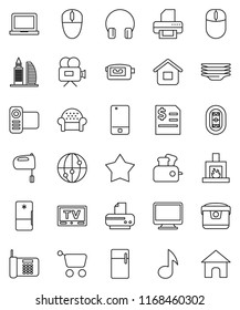 thin line vector icon set - plates vector, mixer, notebook pc, music, annual report, stadium, tv, video camera, internet, mobile phone, headphones, office building, cushioned furniture, fireplace