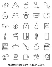 thin line vector icon set - pan vector, oil, apron, cook glove, timer, spatula, ladle, mixer, toaster, oven, spices, plates, cereal, egg, steak, apple fruit, pills vial, cereals, fridge, blender