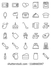 thin line vector icon set - kettle vector, oil, measuring cup, cook hat, spatula, ladle, cutting board, hand mill, grater, mixer, bbq, jug, dish, jar, cereal, potato, steak, cake, chicken leg