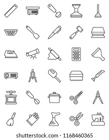 thin line vector icon set - plunger vector, scraper, broom, sponge, car fetlock, iron, rubber glove, pan, colander, cook press, whisk, spatula, ladle, rolling pin, meat hammer, grater, ruler, pen