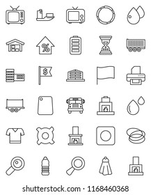 thin line vector icon set - towel vector, cutting board, school building, bus, flag, percent growth, sand clock, dollar, any currency, t shirt, water bottle, hoop, ship, truck trailer, tv, battery