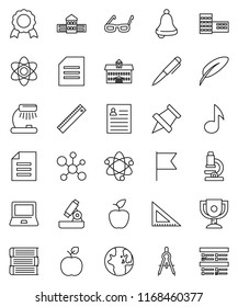 thin line vector icon set - book vector, pen, university, school building, corner ruler, drawing compass, glasses, apple fruit, atom, microscope, bell, table lamp, notebook pc, paper pin, award cup