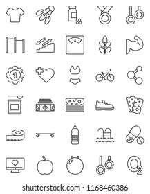 thin line vector icon set - diet vector, measuring, scales, stadium, pills vial, bike, horizontal bar, fitball, muscule hand, snickers, swimsuite, t shirt, skateboard, medal, sports nutrition, pool