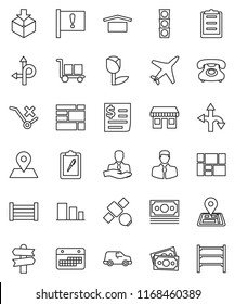 thin line vector icon set - route vector, signpost, navigator, map pin, attention, office, plane, satellite, money, traffic light, phone, client, car, calendar, receipt, wood box, consolidated cargo