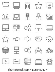 thin line vector icon set - trash bin vector, notebook pc, heart monitor, top sign, gamepad, favorites, diagnostic, network, folder, server, cloud exchange, big data, browser, lan connector, share